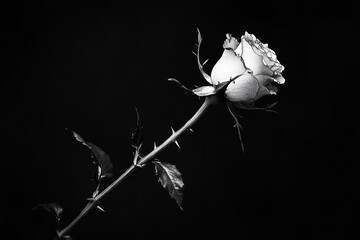 The image is a black and white photograph of a single rose on a thorny stem against a dark background