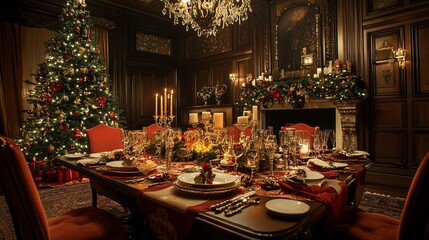 Elegant Christmas dinner setting in a luxurious mansion.