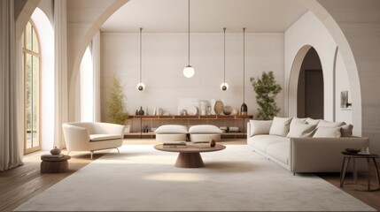 A large living room with a white couch and a coffee table. There are two potted plants in the room