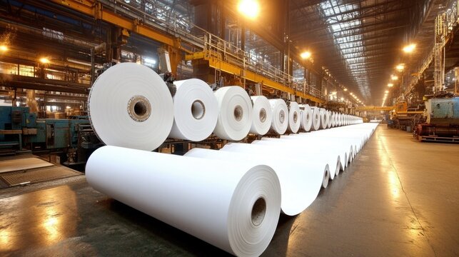 Industrial paper manufacturing plant with large rollers producing endless sheets of white paper in a brightly lit factory."