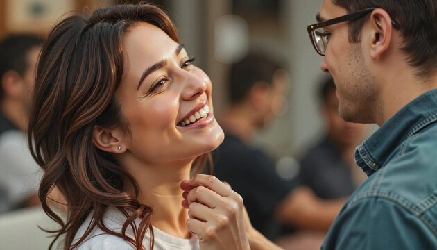 Smiling young woman interacting with a man in a cozy cafe setting

