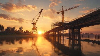 Massive bridge construction for high-speed rail crossing a river, featuring cranes and scaffolding at sunset."