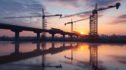 Fototapeta premium Massive bridge construction for high-speed rail crossing a river, featuring cranes and scaffolding at sunset.
