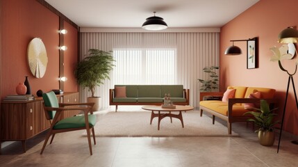 Fototapeta premium A living room with a green couch and a yellow couch. There is a potted plant in the room