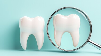 Magnifying glass examining a healthy tooth.