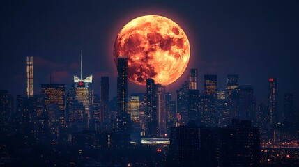 Obraz premium Blood Moon Rises Over Illuminated Cityscape at Night