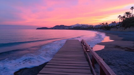 Wooden pier on beach at sunset, pink sky.