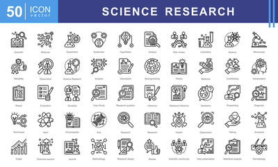 Science Research icon collection set. Containing contributing, systematic, interpretation, evaluation data, planned, scientific studies, socialized icon. Simple vector illustration.