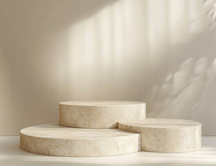 Minimalistic stone podium for product presentation, close-up, on a beige background, high-resolution photography.