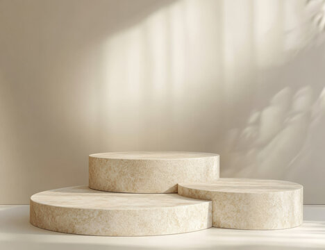 Minimalistic stone podium for product presentation, close-up, on a beige background, high-resolution photography.