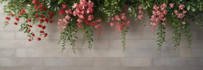 Fototapeta premium Artificial flowers arranged in a decorative wall with greenery and ribbons, artificial flowers,