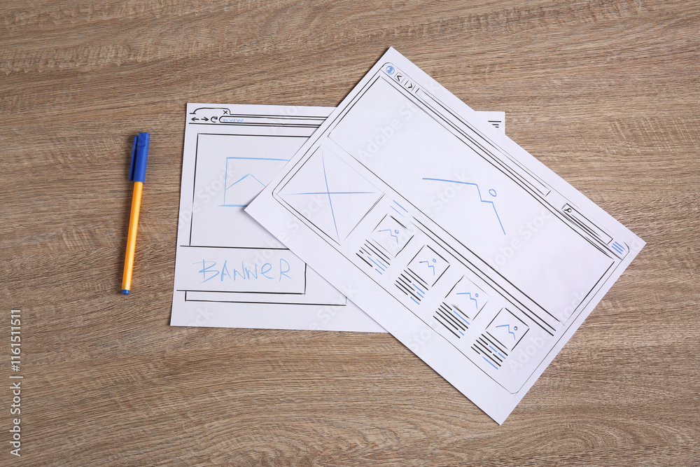 Wall mural developing ui design. sketches of website wireframes and pen on wooden table, top view
