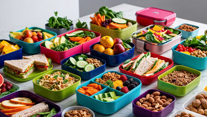 Lots of lunch boxes with fresh fruits and vegetables