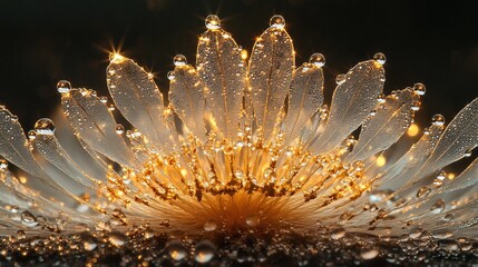 Golden dew drops on flower petals.