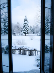 a residential window framed by a serene landscape of snow covered surroundings and towering trees...