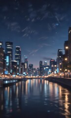 Circular bokeh of city lights against a deep blue sky,  circular shape,  night scene