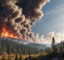 Fototapeta premium Cloudy sky with smoke rising from a forest fire, landscape, atmospheric effects