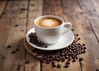Coffee cup with espresso beans on old wooden table,  beans,  table
