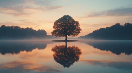 Fototapeta premium Solitary tree reflected in calm lake at sunrise.