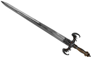 Fantasy sword disposed by diagonal, isolated on white background. Cut out.
