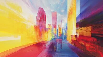 Abstract cityscape with vibrant colors and distorted perspective.