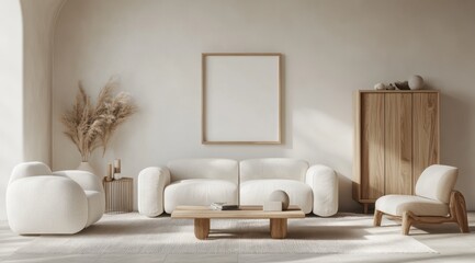 A living room with a white couch, a coffee table, and a chair. A white framed picture hangs on the wall