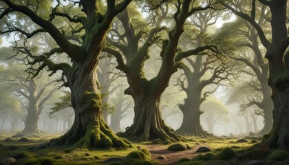 Dense cluster of tall oak trees with gnarled branches and moss-covered trunks,  dense,  greenery