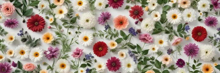 Diverse flowers with greenery on neutral white surface,  decorative,  arrangement