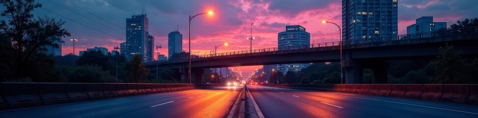 Empty city street at dusk with a single light on the flyover,  light, city