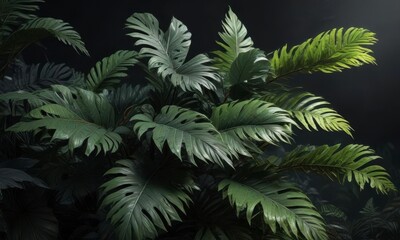 Exotic leafy foliage with a dark mysterious background,  darkness,  mysterious