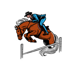 An equestrian rider on a jumping horse, clearing a fence in mid-air