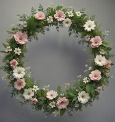 Floral wreath with delicate flowers and lush greenery,  natural elements, flowers