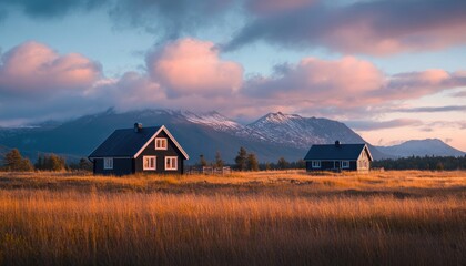 Scenic landscape featuring two houses against a mountain backdrop during sunset.