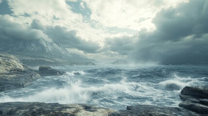 Obraz premium Dramatic ocean waves crashing against rocky shore under stormy sky.