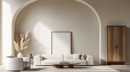 A living room with a white couch, a coffee table, and a wooden cabinet. A white framed picture hangs on the wall