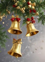 Gold bells and holly branches suspended in mid-air with sparkling snowflakes,  snowflake,  decoration
