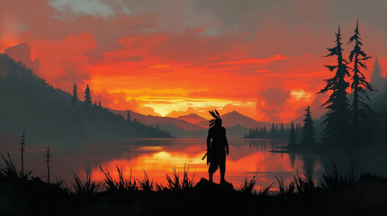 Obraz premium Silhouette of a native American by a lake at sunset
