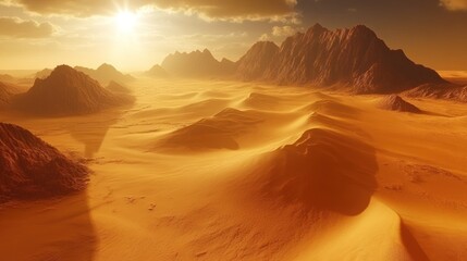 Fototapeta premium Sunset over vast, orange desert landscape with rolling sand dunes and distant mountains.
