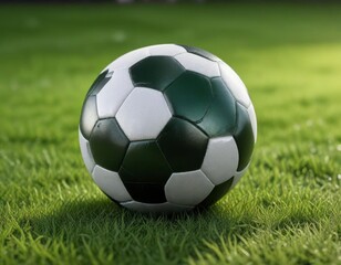 Fototapeta premium Macro shot of perfectly manicured soccer ball on emerald green grass surface with subtle reflection , soccer, green