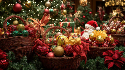 Fototapeta premium Christmas decorations background images. Christmas gift baskets and decorations with Santa Claus, ribbons and red, yellow, green Christmas balls. Merry christmas. New year celebrations.