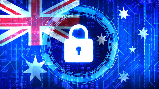 Australia cyber security concept background with glowing lock and circuit board. Blue lock representing security with waving flag of Australia