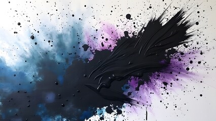 Dynamic Abstract Oil Painting, Expressive Black Brushstrokes on White Canvas with Underlying Blue and Purple Hues