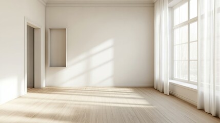 A large empty room with a white door and white curtains. The room is very clean and has a lot of natural light coming in through the windows