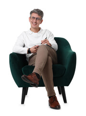 Professional psychologist with notebook sitting on chair against white background