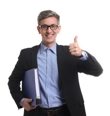Businessman with folder showing thumbs up on white background