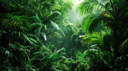 Lush green jungle with many leaves and plants.