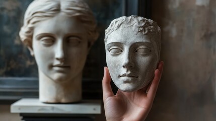 Plaster hand holding mask of human face in front of antique bust