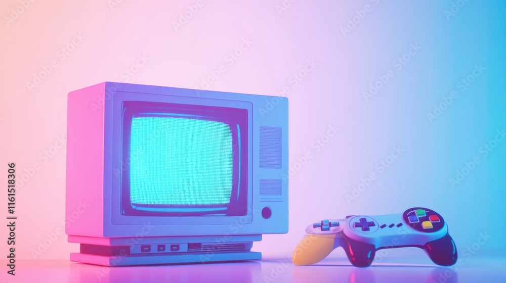 Aufkleber retro gaming console displayed with a vintage television in vibrant colors. generative ai