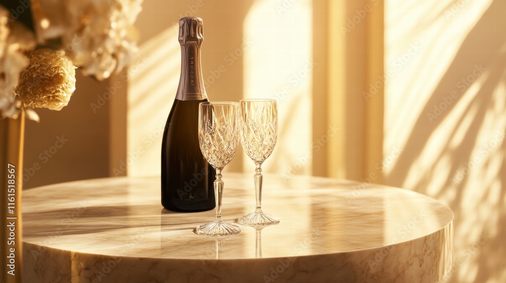 Poster premium champagne bottle with elegant crystal flutes on a marble table in warm light. generative ai