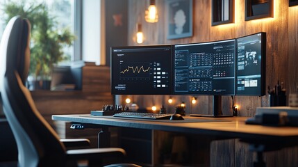 Modern Professional Workspace with Ergonomic Chair and Dual Monitor Setup for Productivity and Comfort